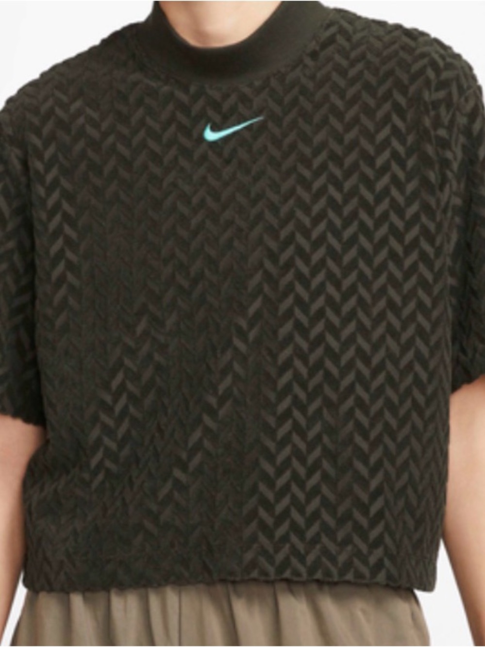 Nike Olive Green Allover Jacquard Boxy Crop Top with Teal Swoosh